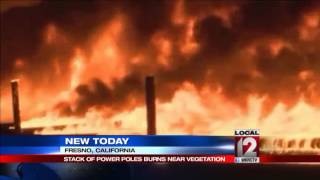 Flames burn through power poles along freeway in Fresno Utility Pole Fire Flames From Bottom To Top
