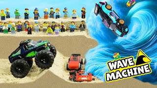 Wave Machine VS. Lego City Monster Truck Show  Tsunami Dam Breach  Natural Disaster