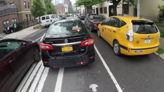 June 5, 2017 NYC Cycling Commute - Car nearly hits pedestrian, tight spaces, blind spots