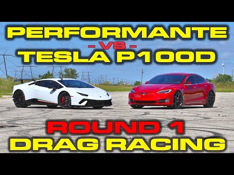Tesla Model S P100D Ludicrous vs Lamborghini Huracan Performante Drag Racing Round 1