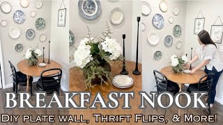 DIY BREAKFAST NOOK/VINTAGE PLATE WALL TUTORIAL/HOW TO CREATE A COZY KITCHEN USING THRIFTED DECOR
