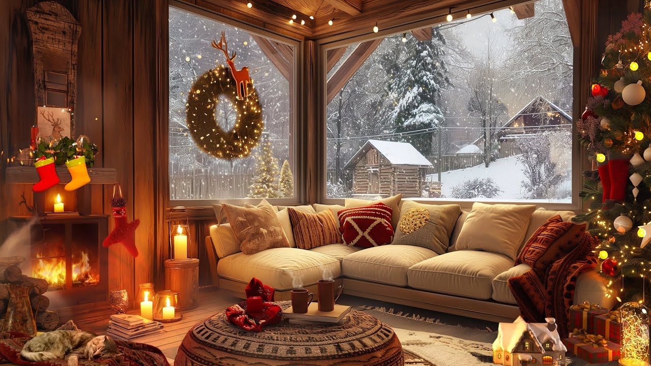 Snow Falling Day in Cozy Winter Christmas Cabin Ambience with Fireplace ...