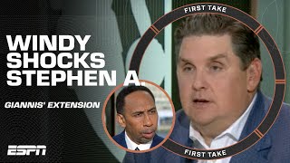 Stephen A. gives Windy a look for calling Giannis' $186M extension QUESTIONABLE 👀 | First Take