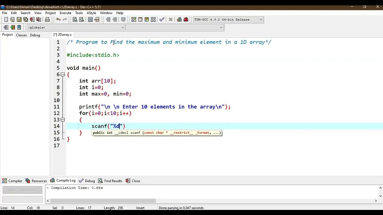 C program for beginners finding the maximum and minimum in an array