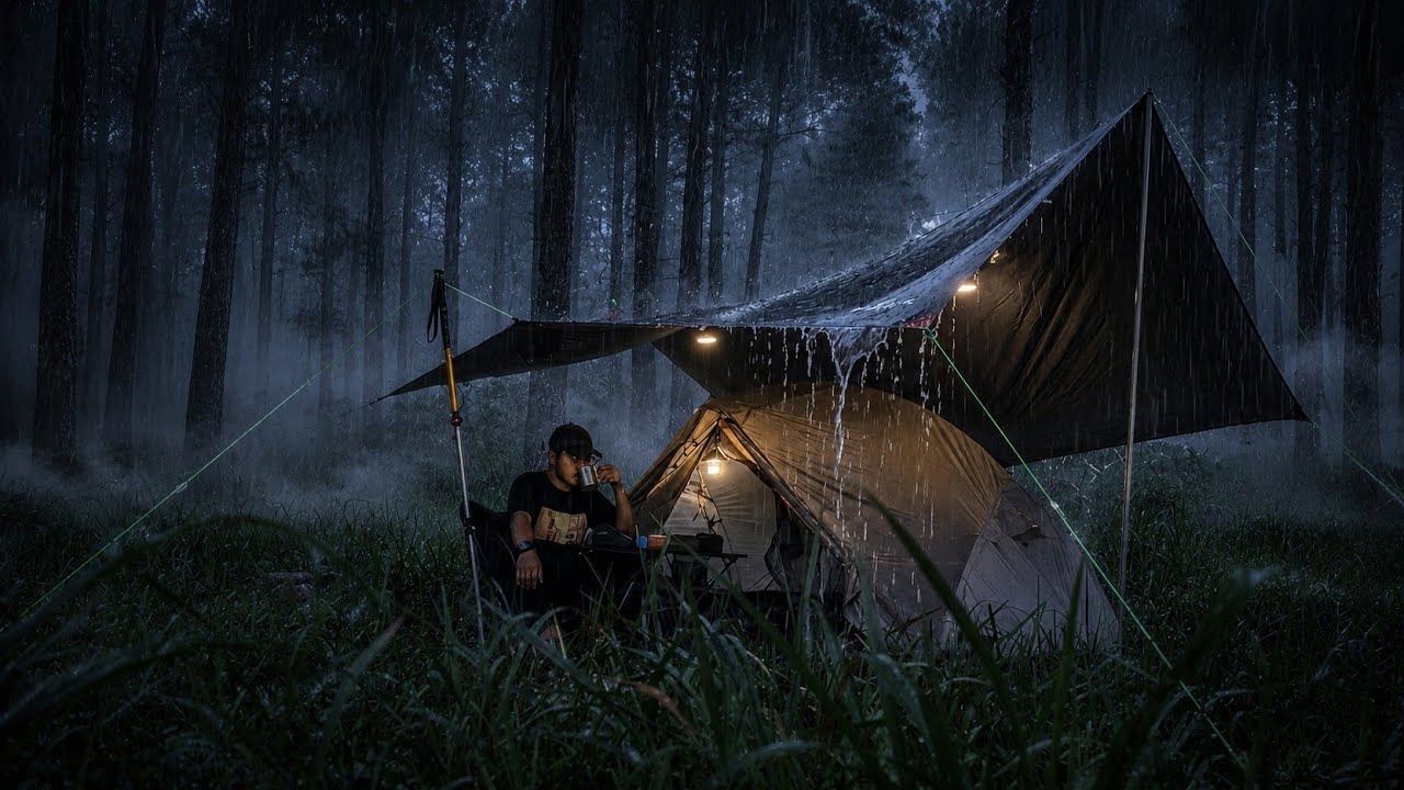 SOLO CAMPING IN HEAVY RAIN & THUNDERSTORM FOREST | Relaxing Rain ...