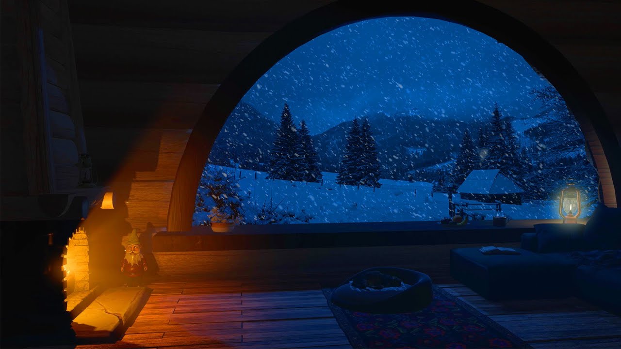 Уютная зимняя атмосфера: расслабляющие звуки метели и камина для глубокого сна за 5 минут