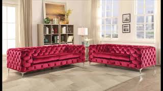 Acme 52795-96 2 pc Everly quinn geter adam red velvet fabric with overall tufting sofa and love seat