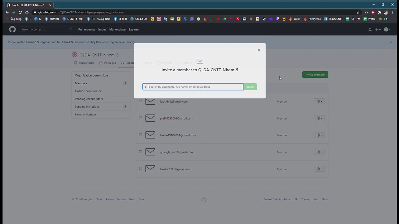 Tạo nhóm dự án Github, phân quyền cho các thành viên QLDA_CNTT_Nhóm 5_KHMT01_K14