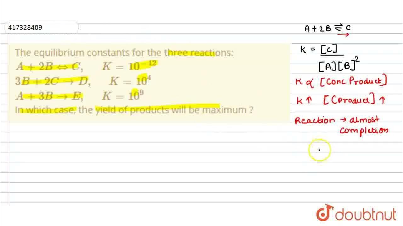 The equilibrium constants for the three reactions: A+2B hArr C, K=10 ...