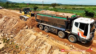 Make A Road to Prevent Flooding​​ Best Power Bulldozer Pushing Soil with Dump Trucks Unloading Soil