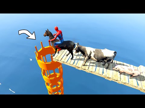 GTA5 Horse (Animals) & Spiderman Jump Into Pipe