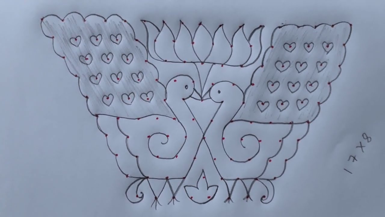 17x8 dots simple and easy peacock rangoli || sankranthi chukkala ...