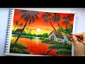 Scenery Drawing and Painting / Village Scenery Painting / Sunset Landscape Painting