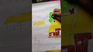 Beautiful Village Scenery Drawing 🌿🎨 | Easy Nature Art #shorts#drawing