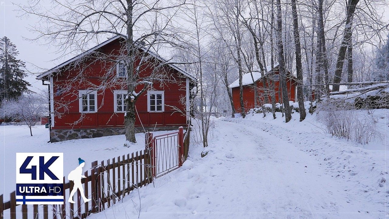Snowy Walk in Finnish Cultural Heritage Site: Helsinki Parish Church Village - Slow TV 4K
