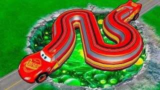 Big & Small Long Curved Lightning Mcqueen vs  Rainbow Pit | BeamNG Drive Battle!