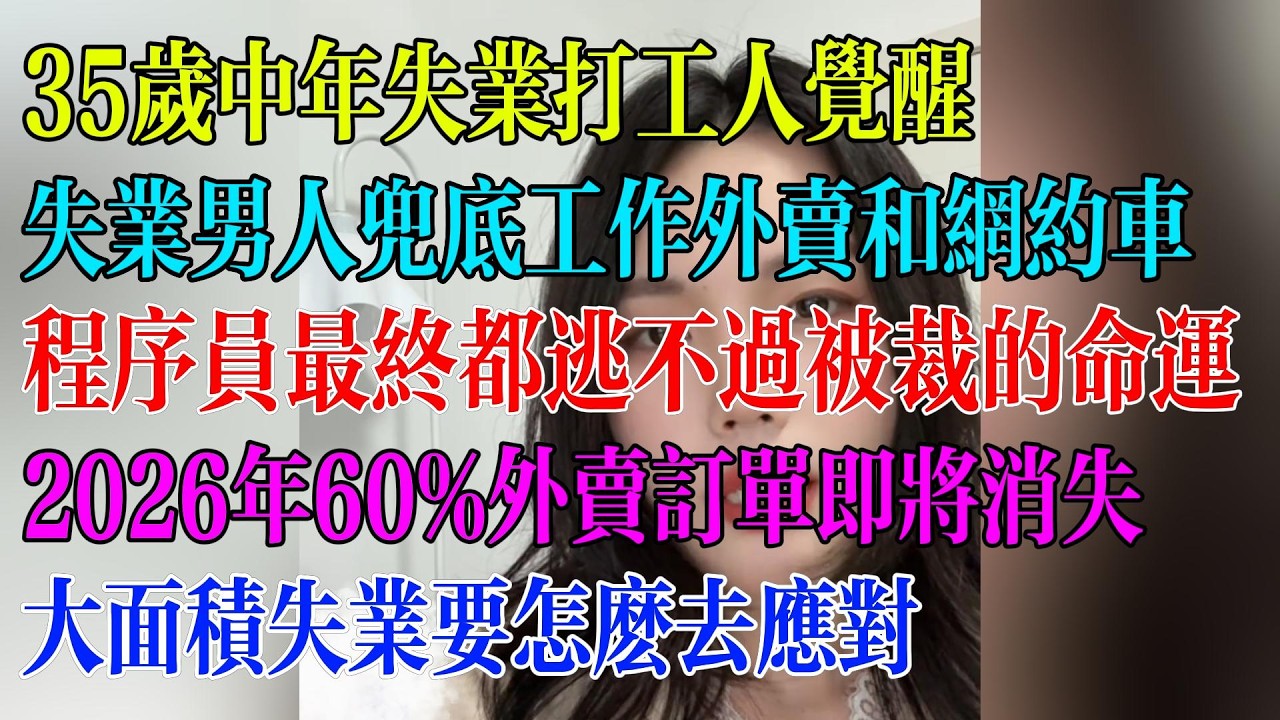 35岁中年失业打工人觉醒；失业男人兜底工作外卖和网约车；程序员最终都逃不过被裁的命运；2026年60%外卖订单即将消失；大面积失业要怎么去应对#民生 #中国经济 #失业