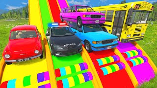 Long Cars vs Funny Cars with Long Slide Mcqueen and Double Flatbed Trailer Transportation  BeamNG