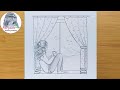 How to draw a girl sitting on a window || Bir pencere üzerinde oturan bir kız çizmek için