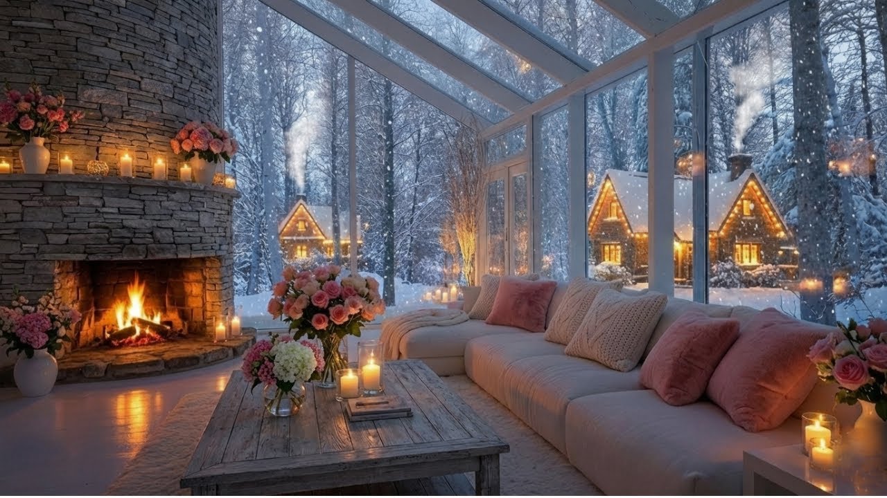 🌙 Winter Piano Dreams | White Room Ambience & Warm Fireplace | Sleep Focus Meditation