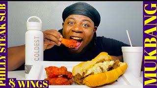 Philly cheese steak & wings mukbang ...