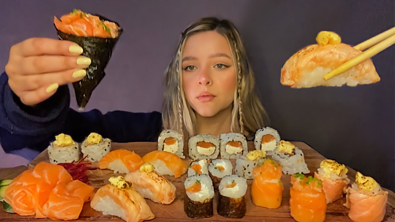 SUSHI, NIGUIRI E TEMAKI DE SALMÃO TRUFADO MUKBANG BRASIL | CAMILE ASMR