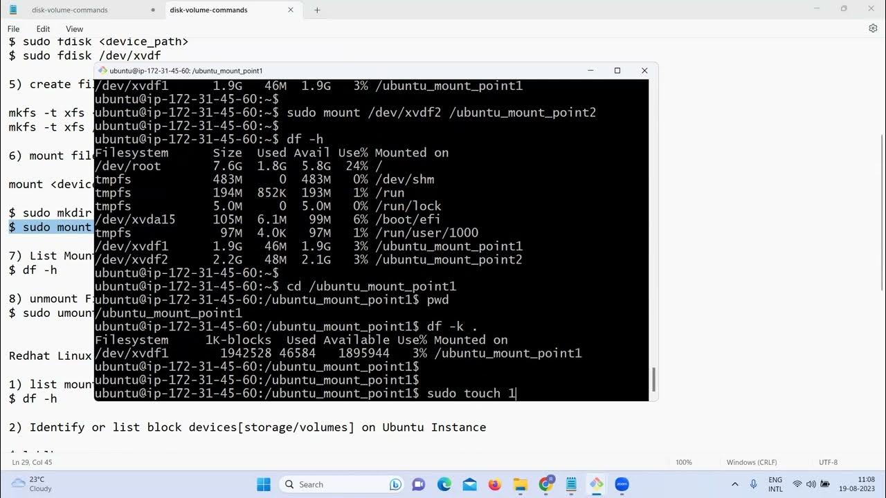 How to create disk volume partition create fs mount fs and unmount fs