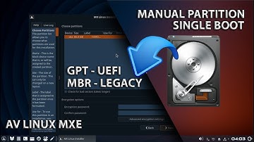 Manual Partition AV Linux MX Edition | GPT UEFI | MBR LEGACY | Single Boot AV Linux MXE Install