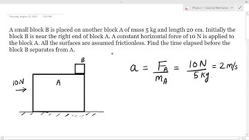 A small block B is placed on another block A of mass 5 kg and length 20 cm. Initially the block B i