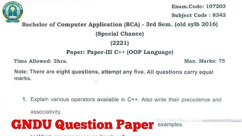 Gndu BCA 3rd Semester C++ OPP Language Question Paper || BCA 3rd Semester Question Paper