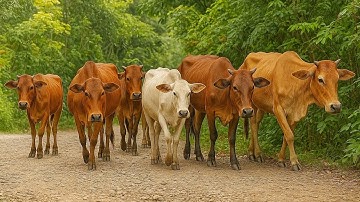 Mengembala Puluhan sapi lembu jinak berkeliaran di padang rumput yang hijau - suara sapi jinak lucu