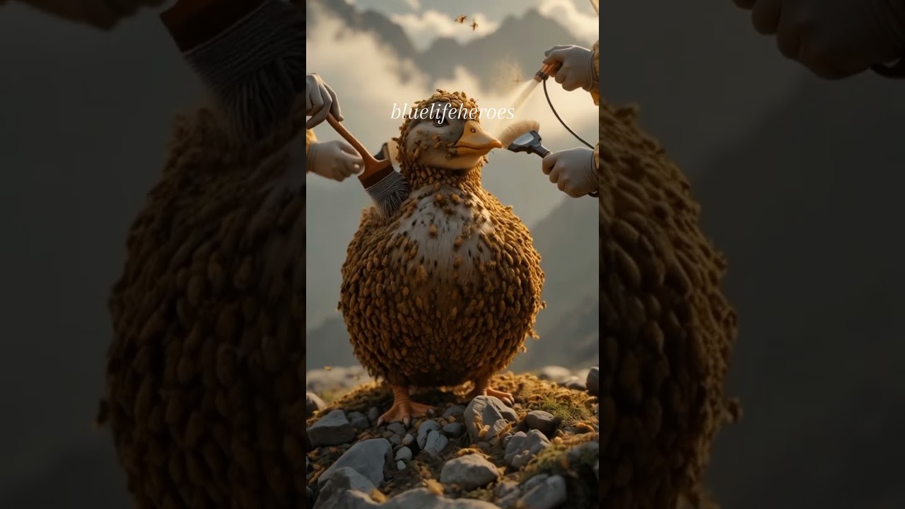 "An Duck covered in a million honeybees, standing on a rugged mountain and rescued