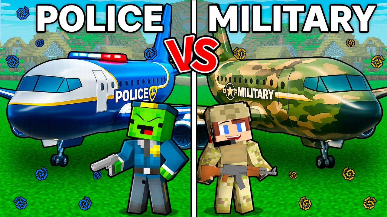 JJ and Mikey : POLICE vs MILITARY Airplane Battle in Minecraft ! - Maizen