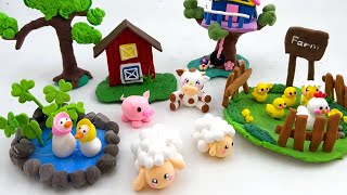 DIY How to make polymer clay miniature Farm, Cow, Big, Sheep, Duck pond #69