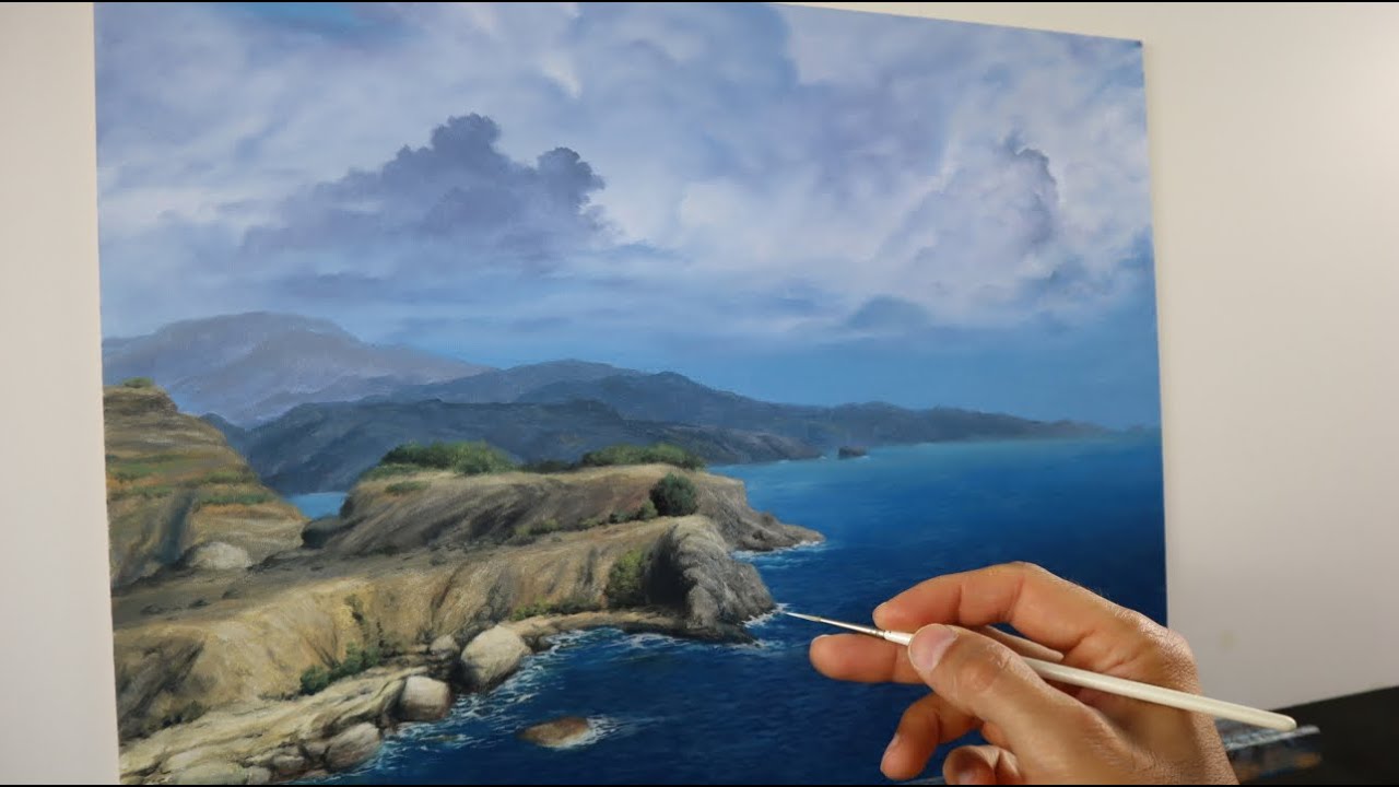How to paint water and clouds - Painting a seascape landscape - YouTube