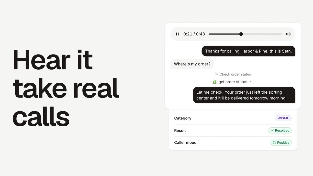 Hear it take real calls: Seth's call transcript with an order status lookup in Shopify