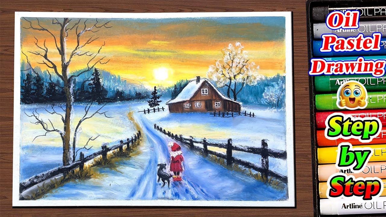 Winter Sunset Cottage Scenery Painting with White Snow / Oil