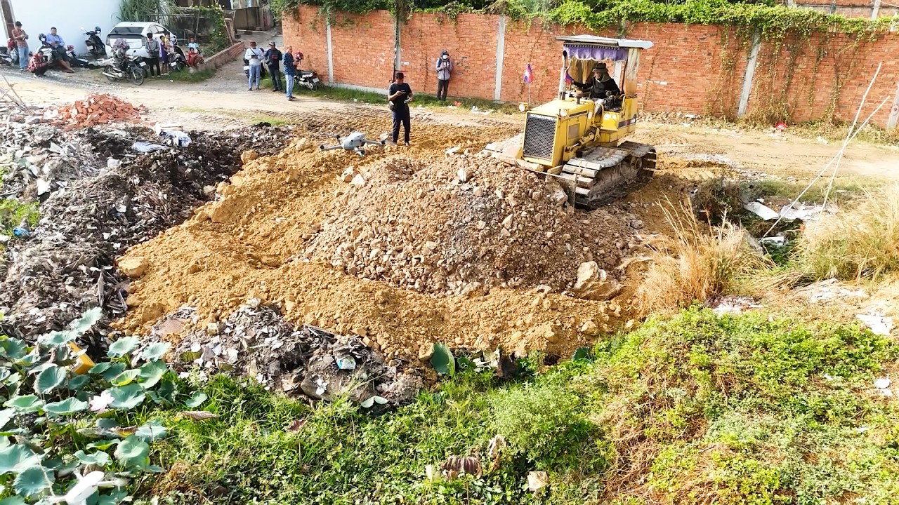 Just New Landfill Task! Skill KOMATSU Bulldozer Push Soil With Dump Trucks Team Process