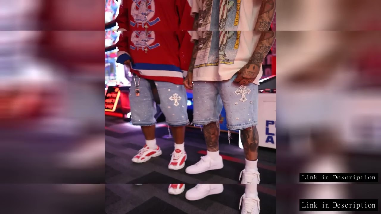 Embroidered denim shorts retro blue casual pants Y2K gothic high street trend diamond cross pattern