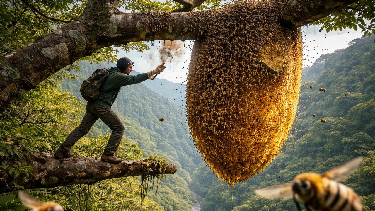 extreme wild honey hunt harvesting 2 honeycombs from a... Climbing the Tallest Trees for Giant Honeycombs | Wild Honey Hunting ...
