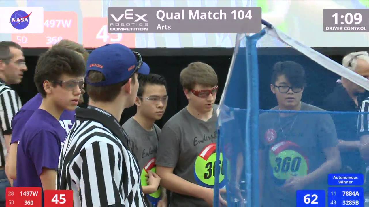 VEX Worlds 2016 - VRC High School - Arts - Qual 104 (1497W 360) 269 vs 138 (7884A 3285B)