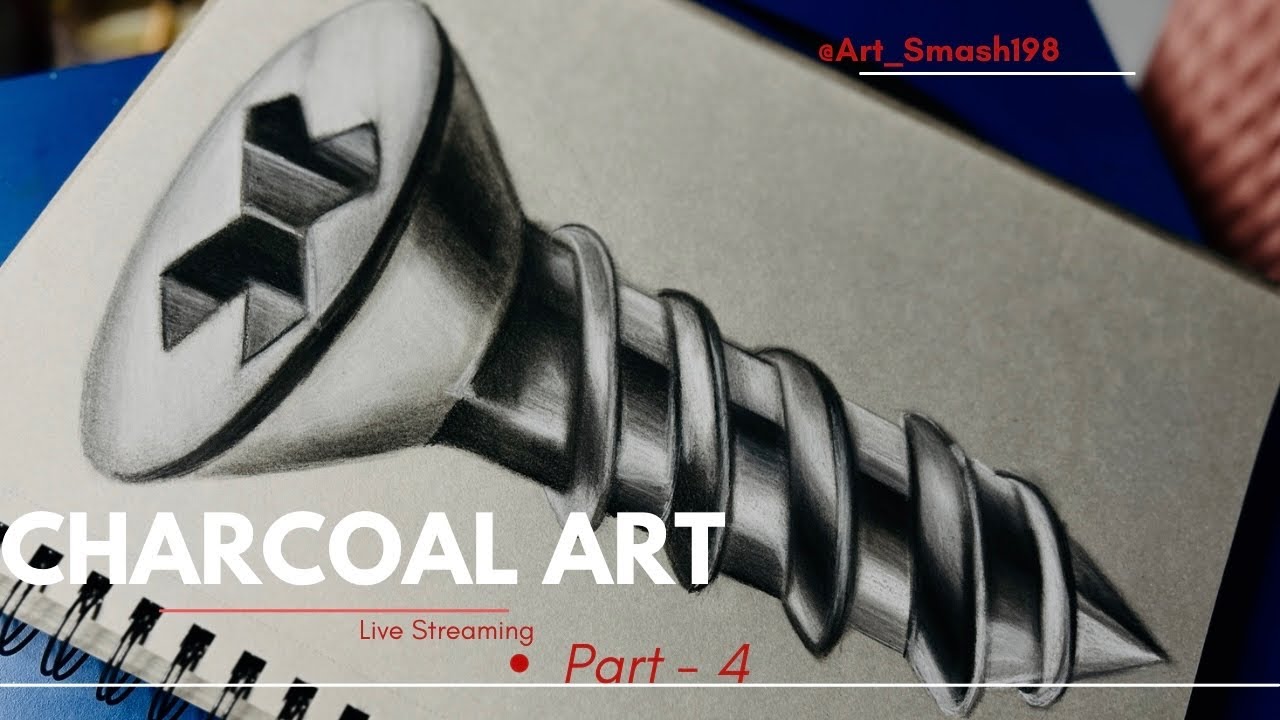 From A Blank Grey Sheet To Realistic Screw 😍|#charcoaldrawing #livestream Day -2
