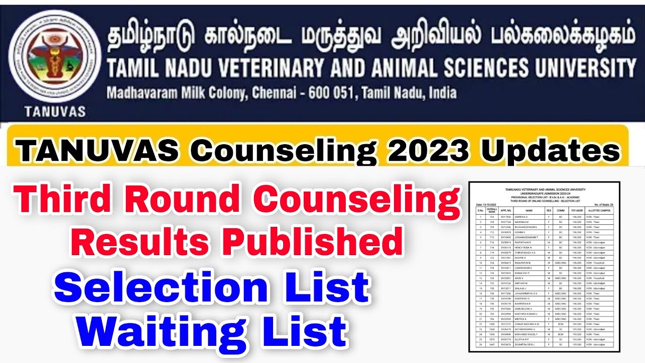 TANUVAS Third Round Of Counseling Results For B.Vsc And B.Tech👍