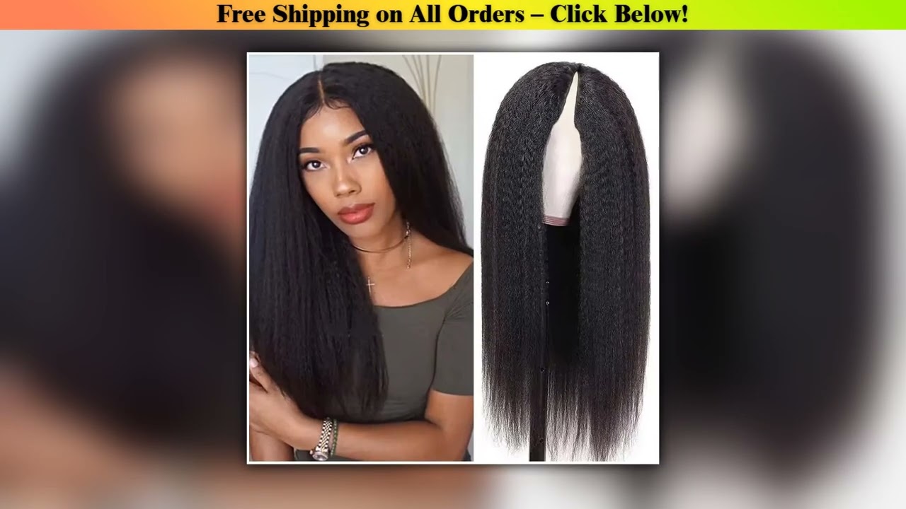200% Density  V Part Kinky Straight Human Hair Wig for Women Upgrade U part Wig No Leave Out V