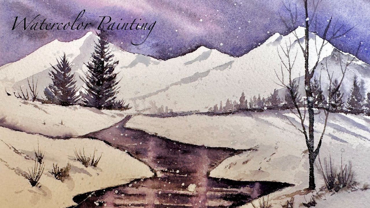 Relaxing Watercolor Winter Painting - Snowy Mountains and Pine Trees Tutorial