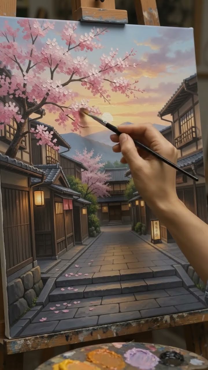 🎨 Drawing a Peaceful Japanese Sidewalk with Cherry Blossoms