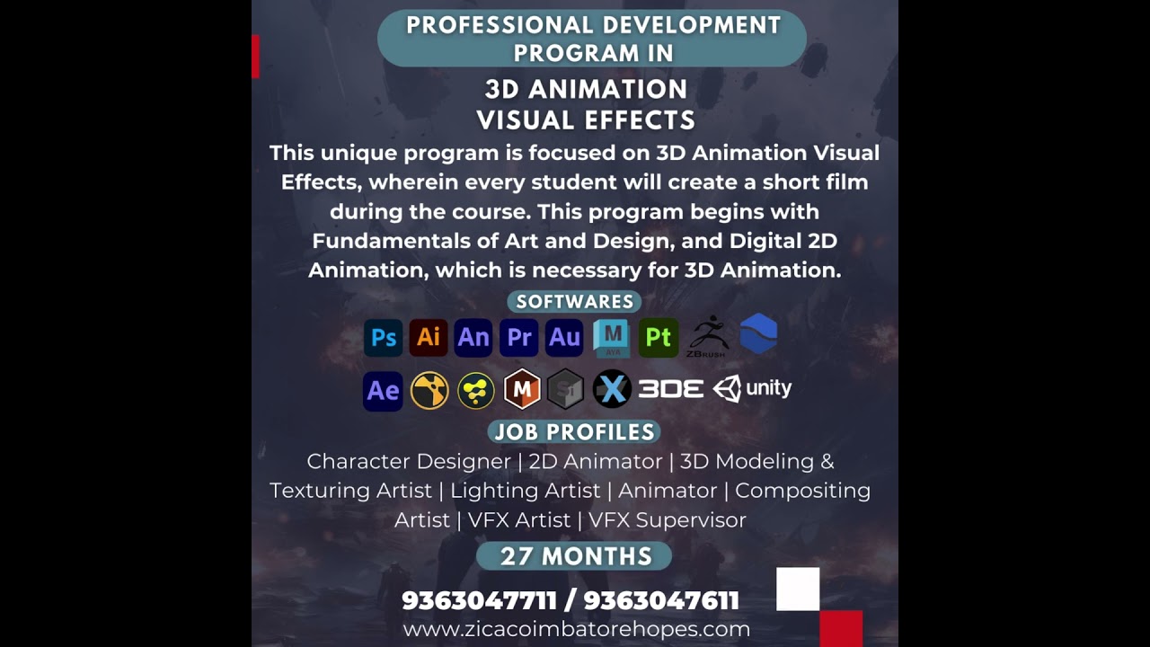 ZICA Course offer in 3D Animation & VFX | Professional Development Program 