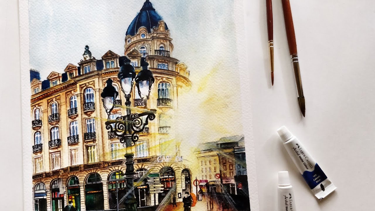 Watercolour Cityscape painting| Sunrise painting| Rue De Paris cityscape