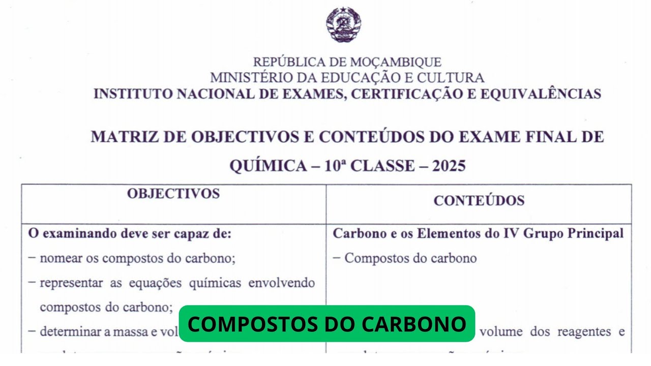COMPOSTOS DO CARBONO | MATRIZ DE QUÍMICA 10ª CLASSE 2025 | PREPARAÇÃO PARA OS EXAMES FINAIS