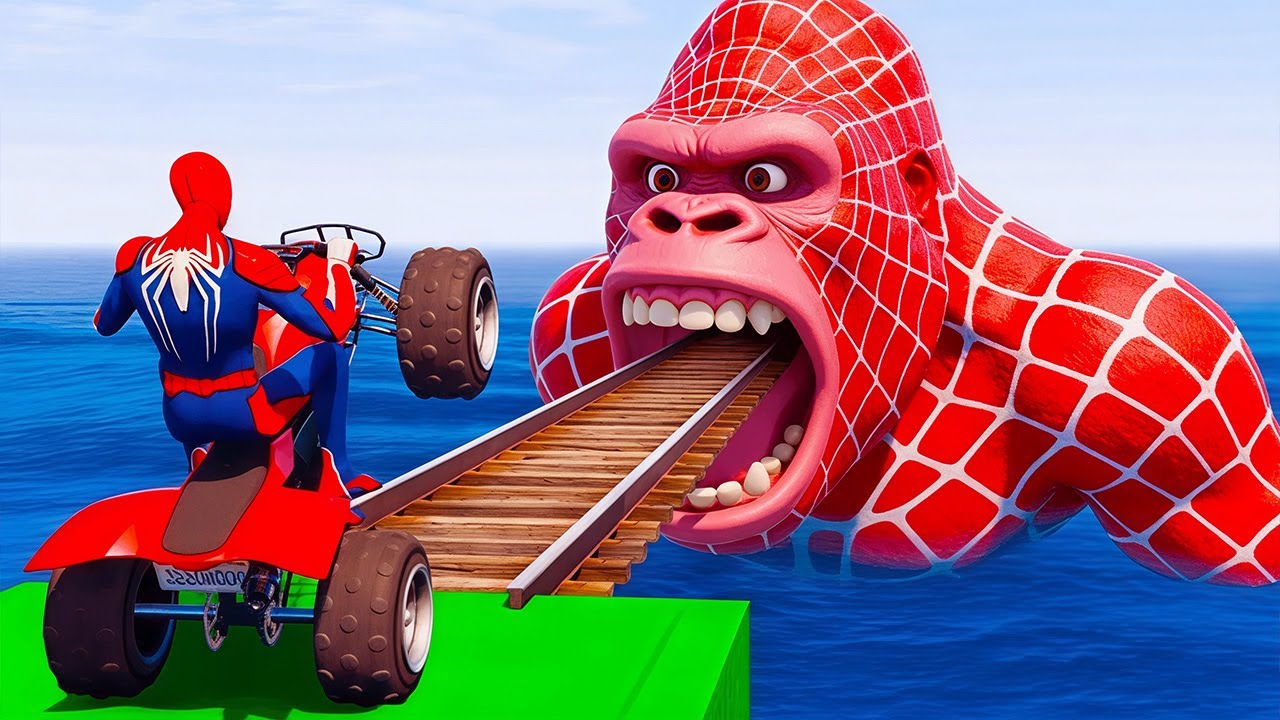 Spider-Man GTA 5 Rescue Mission! Giant Shark Rainbow Track Challenge